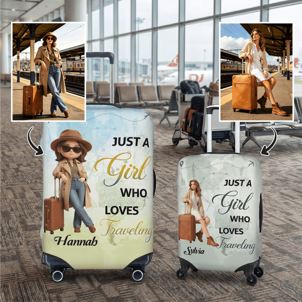Personalized Just a Girl Who Love Traveling Photo Luggage Cover Fits 18-32 Inches Suitcase with Name Travel Birthday Gift for Woman