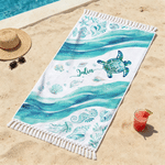 Personalized Sea Turtle Oversized Quick Dry Tassel Beach Towel with Name Summer Vacation Beach Party Birthday Gift for Family Friends