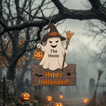 Personalized Double-Sided Ghost Pumpkin Witch Hat Broom Wood Sign with Text and Name Outdoor Decor Halloween Gift for Family Neighbour