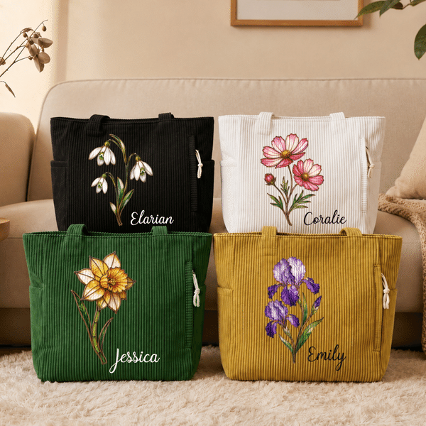 Personalised Corduroy Birth Flower Large Capacity Corduroy Tote Bag with Name Daily Use Birthday Gift for Women Friends