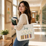 Personalized Colorful Book Birth Flower Large Capacity Corduroy Tote Bag with Name Back to School Birthday Gift for Literary Lovers Friends