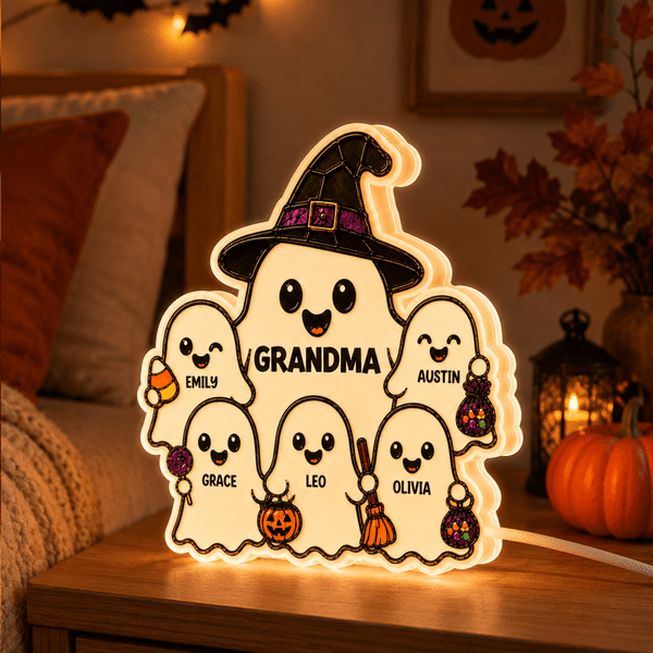 Personalized Cute Ghost Family Acrylic Night Light with Names and Title Desk Decor Happy Halloween Gift for Grandma Family