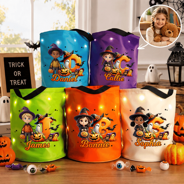Personalised Halloween Theme Photo Comic Style Cartoon Character LED Light Bucket Bag with Name Halloween Trick or Treat Activity Gift for Kids
