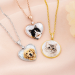 Personalized Pet Photo Pearl Effect Heart Shaped & Round Pendant Necklace with Engraved Text Anniversary Memorial Birthday Gift for Pet Owners Parents