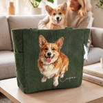 Personalized Oil Painting Style Pet Photo Large Capacity Corduroy Tote Bag with Name Daily Use Travel Birthday Gift for Pet Owners Lovers