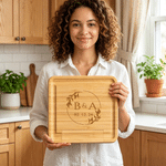 Personalized Wreath Initials Bamboo Cutting Board with Engraved Date and Drawer Housewarming Wedding Anniversary Gift for Couple Family