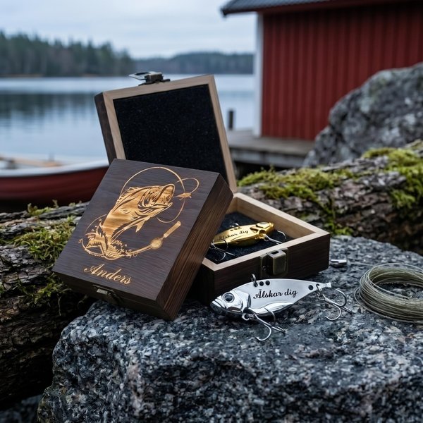 Personlig 2-delad metall bionisk fiskedrag trälåda set med graverad text födelsedagspresent för pappa eller man