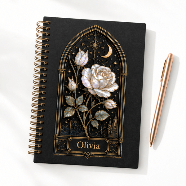 Personalized Birth Flower Gothic Notebook with Name, Iridescent Faux Pearl Journal, Mother's Day/Graduation Gift for Her/Sister/Best Friend