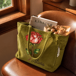Personalised Corduroy Birth Flower Large Capacity Corduroy Tote Bag with Name Daily Use Birthday Gift for Women Friends