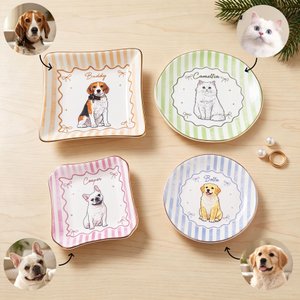 Personalised Watercolour Style Pet Photo Striped Ceramic Trinket Jewellery Dish with Name Home Decor Birthday Gift for Women Pet Lovers