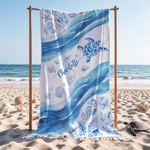 Personalized Sea Turtle Oversized Quick Dry Tassel Beach Towel with Name Summer Vacation Beach Party Birthday Gift for Family Friends