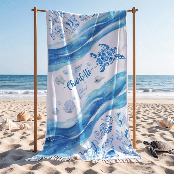 Personalized Sea Turtle Oversized Quick Dry Tassel Beach Towel with Name Summer Vacation Beach Party Birthday Gift for Family Friends