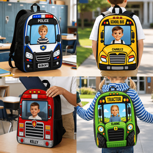 Personalized 3D-Effect Artwork Photo Vehicle Design Large Capacity Backpack with Name Back to School Birthday Gift for Boys Girls