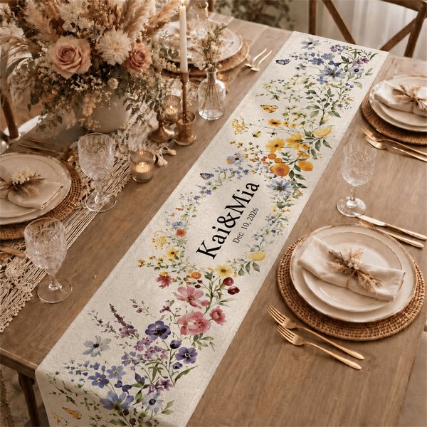 Personalised Watercolour Wildflowers Table Runner with Name and Date Table Decor Bridal Shower Wedding Gift for Couple Newlywed