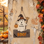 Personalized Double-Sided Ghost Pumpkin Witch Hat Broom Wood Sign with Text and Name Outdoor Decor Halloween Gift for Family Neighbour