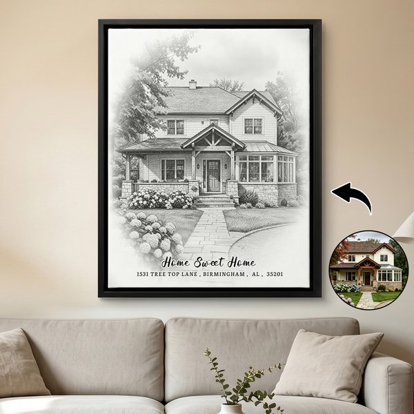 Personalized Pencil Sketch Style House Photo Canvas Prints with Title and Text Home Decor Ship from USA Housewarming Gift for New Home Movers