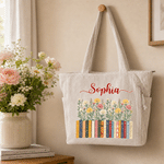 Personalized Colorful Book Birth Flower Large Capacity Corduroy Tote Bag with Name Back to School Birthday Gift for Literary Lovers Friends