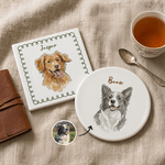 Personalised Hand-Drawn Style Border Pet Photo Square Round Ceramic Coaster with Name Home Decor Birthday Gift for Pet Owner