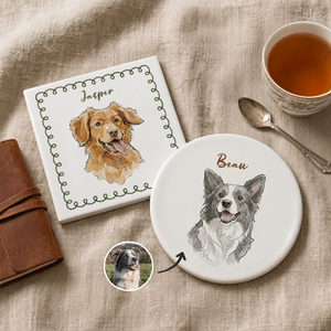 Personalised Hand-Drawn Style Border Pet Photo Square Round Ceramic Coaster with Name Home Decor Birthday Gift for Pet Owner