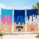 Personalised Ice Cream Drip Quick Dry Beach Towel with Name and Number Pool Party Travel Gift for Sports Lovers