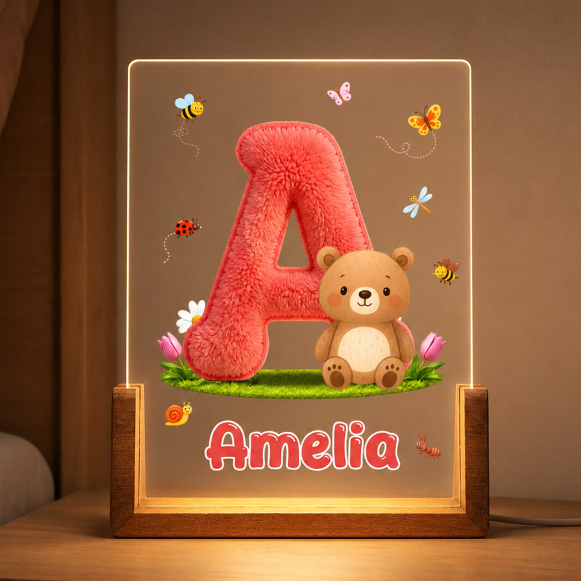 Personalisiertes LED-Nachtlicht aus Acryl mit Tier-Cartoon-Motiv und Namen sowie Initialen – Raumdekoration und Geburtstagsgeschenk für Kinder, Jungen und Mädchen