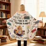 Personalised Birth Flower Cartoon Reading Girl Soft Throw Hooded Blanket with Name Birthday Gift for Librarians Book Lovers