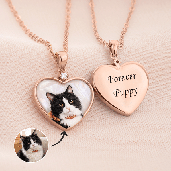 Personalized Pet Photo Pearl Effect Heart Shaped & Round Pendant Necklace with Engraved Text Anniversary Memorial Birthday Gift for Pet Owners Parents