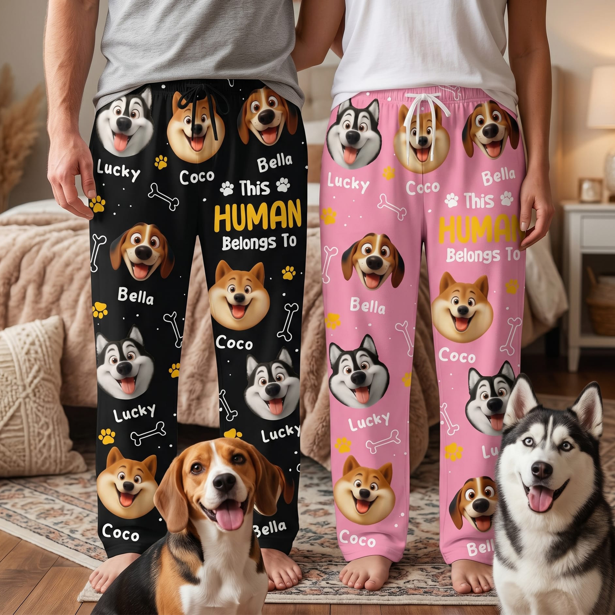Individuell gestaltete, mehrfarbige Pyjama-Hose mit Cartoon-Hunden, mit Namen und Titel – für den Alltag geeignet, als Geburtstagsgeschenk für Hundebesitzer