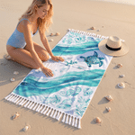 Personalized Sea Turtle Oversized Quick Dry Tassel Beach Towel with Name Summer Vacation Beach Party Birthday Gift for Family Friends
