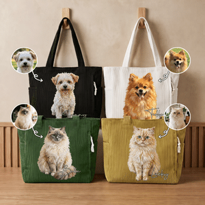 Personalised Oil Painting Style Dog Cat Photo Large Capacity Corduroy Tote Bag with Name Daily Use Travel Birthday Gift for Pet Owners Lovers