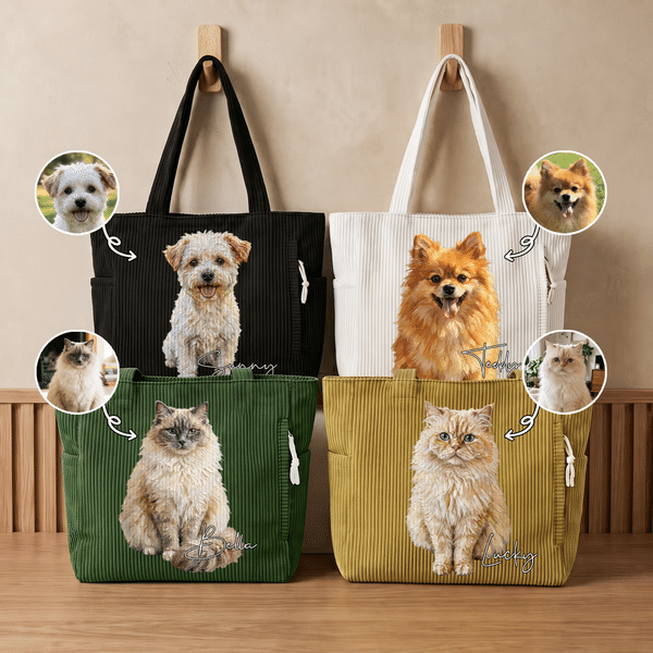 Personalized Oil Painting Style Pet Photo Large Capacity Corduroy Tote Bag with Name Daily Use Travel Birthday Gift for Pet Owners Lovers