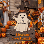 Personalized Double-Sided Ghost Pumpkin Witch Hat Broom Wood Sign with Text and Name Outdoor Decor Halloween Gift for Family Neighbour