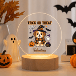 Personalised Halloween Dog Acrylic LED Night Light with Name and Wooden Base Room Decor Halloween Gift for Kids