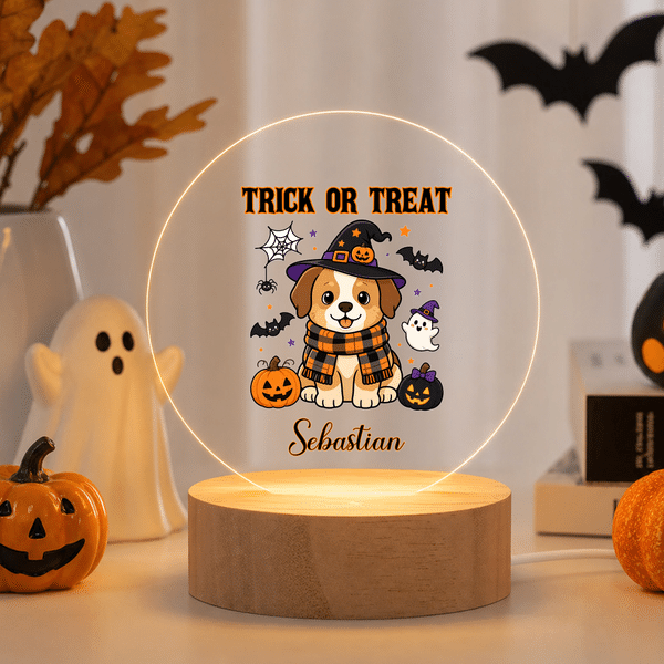 Personalised Halloween Dog Acrylic LED Night Light with Name and Wooden Base Room Decor Halloween Gift for Kids