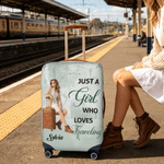 Personalized Just a Girl Who Love Traveling Photo Luggage Cover Fits 18-32 Inches Suitcase with Name Travel Birthday Gift for Woman