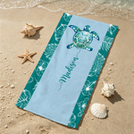 Personalized Sea Turtle Palm Leaf Colourful Beach Towel with Name Outdoor Use Beach Party Birthday Gift for Ocean Lovers Families Kids
