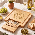 Personalized Wreath Initials Bamboo Cutting Board with Engraved Date and Drawer Housewarming Wedding Anniversary Gift for Couple Family