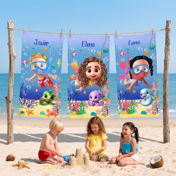 Toalla de playa personalizada de secado rápido con personaje 3D animales marinos y nombre para vacaciones en la playa regalo de cumpleaños para todos