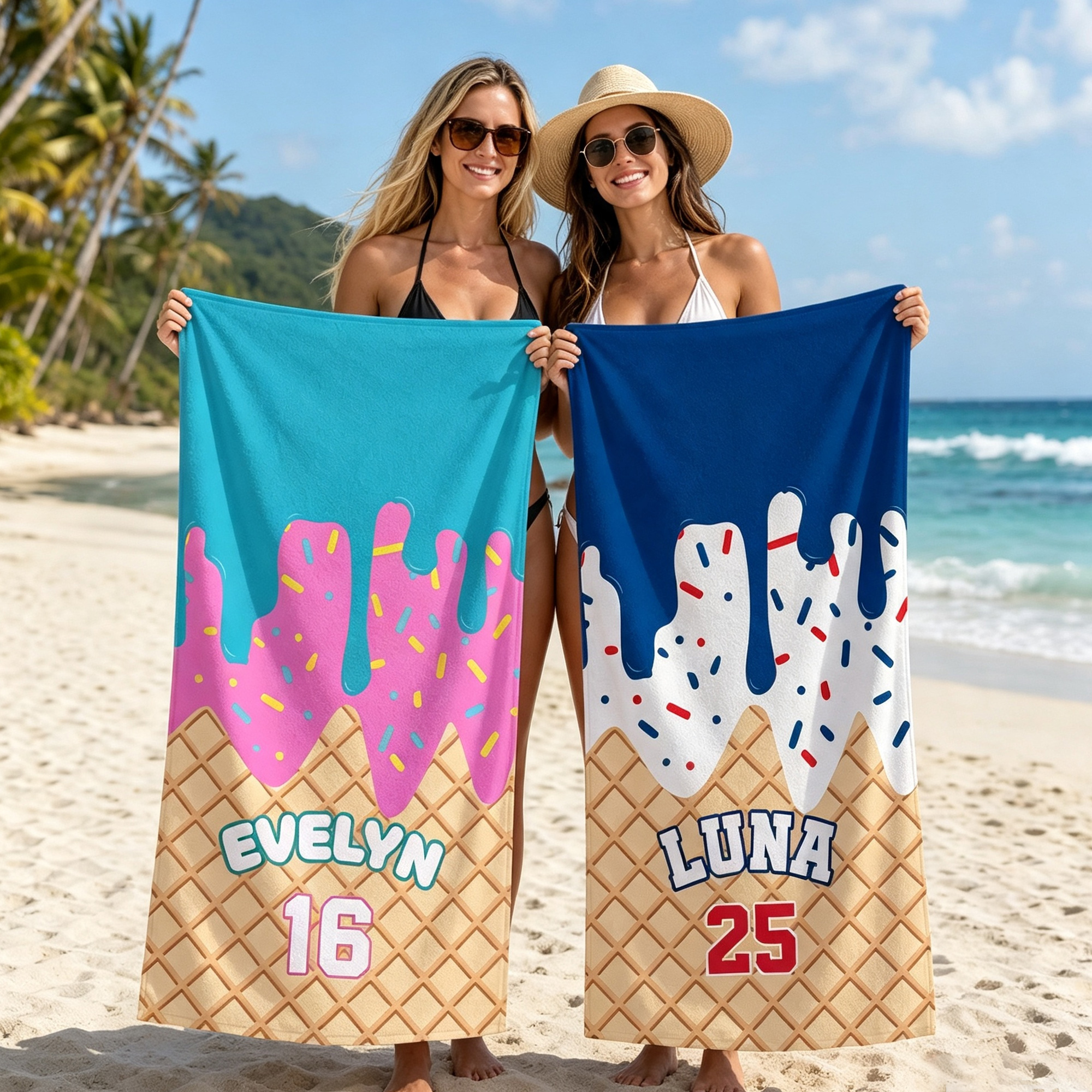 Individuell gestaltetes, schnell trocknendes Strandtuch mit Eiscreme-Motiv, Namen und Nummer – das perfekte Geschenk für Sportbegeisterte, Poolpartys und Reisen