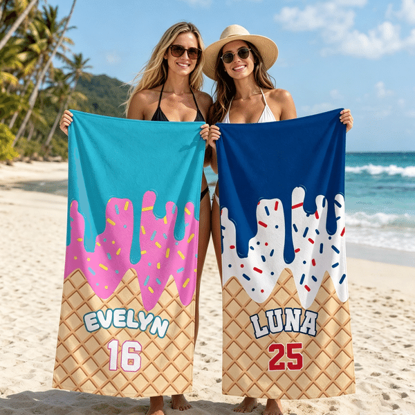 Personalised Ice Cream Drip Quick Dry Beach Towel with Name and Number Pool Party Travel Gift for Sports Lovers