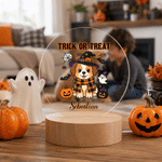 Personalised Halloween Dog Acrylic LED Night Light with Name and Wooden Base Room Decor Halloween Gift for Kids