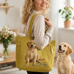 Personalized Oil Painting Style Pet Photo Large Capacity Corduroy Tote Bag with Name Daily Use Travel Birthday Gift for Pet Owners Lovers