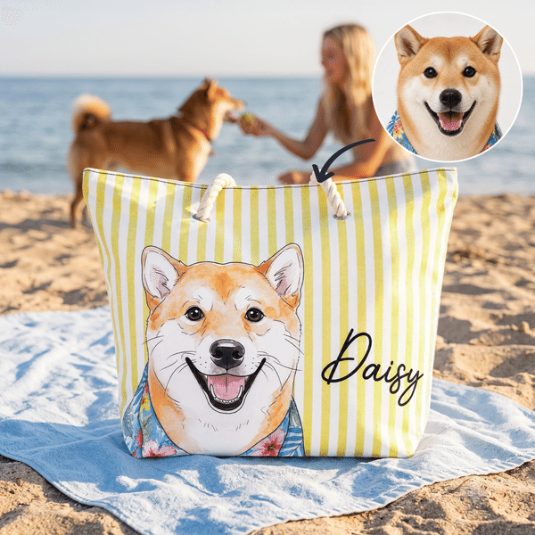 Personalized Watercolour Pet Photo Large Capacity Zippered Tote Bag with Name Beach Party Travel Use Vacation Birthday Gift for Pet Owner Lover