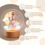 Personalized Birth Flower Fairy Moon Acrylic LED Night Light with Name and Wooden Base Birthday Gift for Newborn