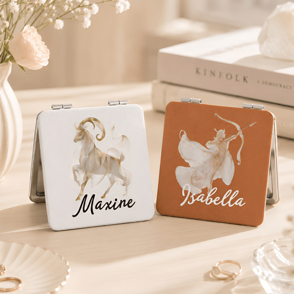 Personalised Watercolour Zodiac Sign PU Leather Foldable Makeup Mirror with Name Daily Use Birthday Gift for Women Constellation Enthusiasts