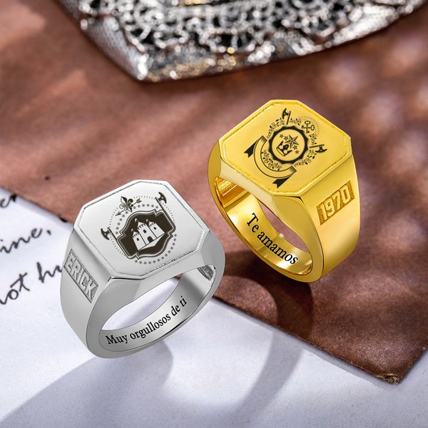 Anillo de sello personalizado con logo escolar escudo de armas y texto cuadrado grabado regalo de cumpleaños para hombres o graduados