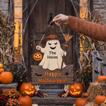 Personalized Double-Sided Ghost Pumpkin Witch Hat Broom Wood Sign with Text and Name Outdoor Decor Halloween Gift for Family Neighbour