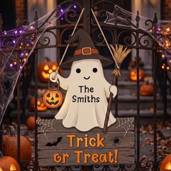 Personalized Double-Sided Ghost Pumpkin Witch Hat Broom Wood Sign with Text and Name Outdoor Decor Halloween Gift for Family Neighbour