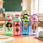 Borraccia 475 ml personalizzata con nome e personaggio, con cannuccia e coperchio - Regalo per rientro a scuola per bambini e ragazzi