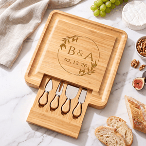 Personalized Wreath Initials Bamboo Cutting Board with Engraved Date and Drawer Housewarming Wedding Anniversary Gift for Couple Family